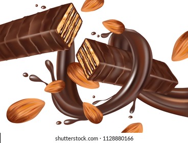 Milk chocolate with splashing liquid and almond seeds ads, isolated on white background, Vector realistic 3d illustration, of free space for your copy and branding. Food concept.
