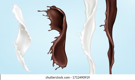 Milk and chocolate streams, pouring white and brown swirl liquids with splashing droplets isolated on blue background. Dynamic elements for package promo ad design, Realistic 3d vector icon, clip art