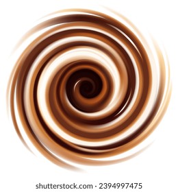 Milk and chocolate swirl, abstract cream texture background. Liquid spiral waves of sweet cocoa. On white background.