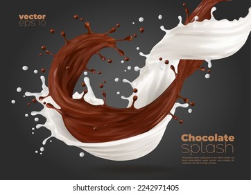 Milk and chocolate swirl wave splash. Realistic vector promo background with cocoa and milky flow with drops. Brown and white streams of dessert drink with splatters, liquid 3d dynamic splashing