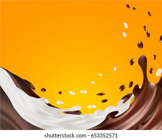 Milk and chocolate twisted, two sweet sauce twisted in the air in 3d illustration isolated on transparent background