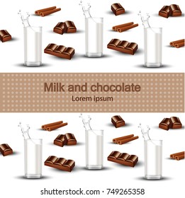 Milk and chocolate Vector realistic background. Splash milk in a glass sweet