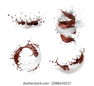 Milk and chocolate wave splash, vector drink and food. White cream and dark brown liquid cocoa flow, crown splash, swirl and spurt with sweet drops. 3d realistic milk, chocolate or cocoa dessert