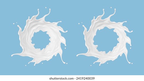 Der Milchkreis spritzt einzeln auf blauem Hintergrund. Natürliches Milchprodukt, Jogurt oder Creme Splash mit fliegenden Tropfen. Realistische Vektorgrafik