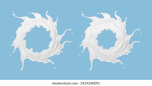 Milk circle splashes isolated on blue background. Natural dairy product, yogurt or cream splash with flying drops. Realistic Vector illustration