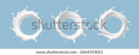 Milk circle splashes isolated on blue background. Vector dairy concept