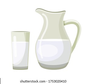 Milk in classic jug and glass isolated on white background. Healthy beverage traditional nutrition. Vector flat illustration of packaging design for dairy products, logo organic farm, grocery store
