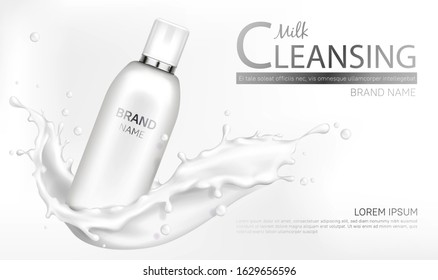 Milk cleansing cosmetics bottle mockup banner. Skin care cosmetic product tube stand at milky splash on white background. Face or body moisturizer packaging design. Realistic 3d vector illustration