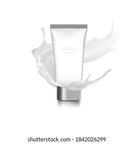 Milk cleansing cosmetics bottle mockup banner. Skin care cosmetic product pump tube on white background with milky splash. Face or body moisturizer packaging design. Realistic 3d vector illustration