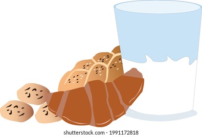 Milk in a clear glass with bread, bakery, soft bread cookies croissant in white scene.
