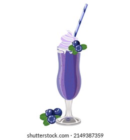 Milk cocktail with blueberries and whipped cream in a glass with a straw, isolated on a white background.Vector illustration of the drink can be used in menus, postcards, textiles.