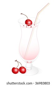 milk cocktail with a cherry and straw isolated on a white background