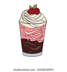 Milk cocktail with chocolate and strawberry in cartoon style. Isolated on white background. Milkshake with whipped cream. Vector illustration.