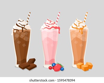 Milk cocktail flat vector illustrations set. Tasty drinks with whipped cream and ice cubes isolated pack on white. Sweet beverages with chocolate, strawberry and caramel flavors collection.