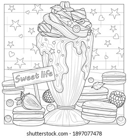 Milk cocktail and macaroon.
Coloring book antistress for children and adults. Illustration isolated on white background.Zen-tangle style. Black and white drawing