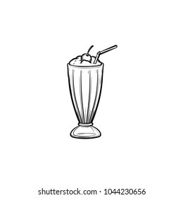 Milk cocktail with a maraschino cherry and straw in tall glass hand drawn outline doodle icon. Glass of milkshake with whipped cream vector sketch illustration for print, web, mobile and infographics.