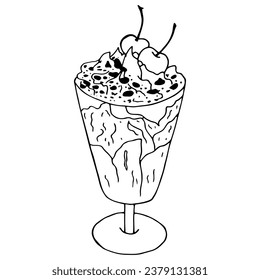 Milk cocktail with a maraschino cherry and straw in tall glass hand drawn outline doodle icon. Glass of milkshake with whipped cream vector sketch illustration for print, web, mobile and infographics.