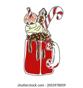 Milk cocktail with New Year's topping. Hot chocolate with ice cream and Ginger Cookies Cartoon. Donut
