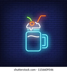 Milk cocktail with straw neon sign. Dessert, cafe and food concept. Advertisement design. Night bright colorful billboard, light banner. Vector illustration in neon style.