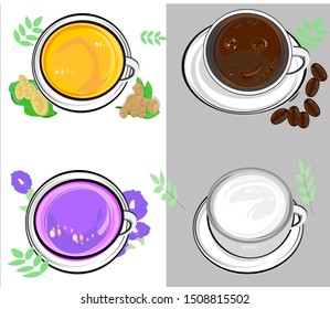 Milk, coffee, butterfly pea water, ginger tea, leaves background, hot tea, glass tea set, kitchenware and breakfast - afternoon, drink healthy herbs and Asian plants, ingredients for Thai food