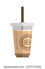 Milk coffee in a plastic cup with straw. Simple flat illustration.