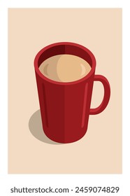 Café con leche en una taza roja. Ilustración plana simple.
