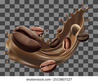 Milk coffee splash with Coffee Bean falling, 3d vector.Mesh gradient wes used