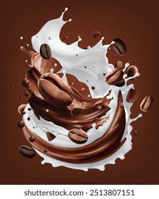 Milk coffee splash with Coffee Bean falling, 3d vector.Mesh gradient wes used