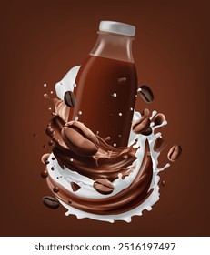 Milk coffee splash with Coffee Bean falling, 3d vector.Mesh gradient wes used