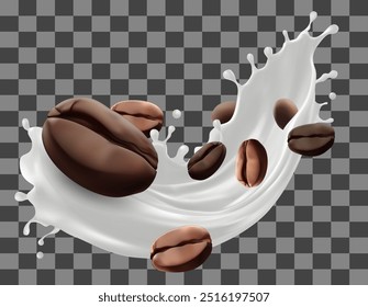 Milk coffee splash with Coffee Bean falling, 3d vector.Mesh gradient wes used