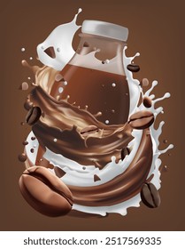 Milk coffee splash  in the middle isolated on background, Vector realistic in 3d illustration. Coffee beans. Realistic 3d seeds