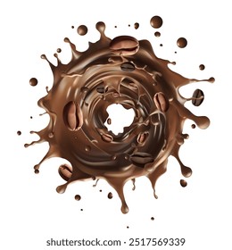 Milk coffee splash  in the middle isolated on background, Vector realistic in 3d illustration. Coffee beans. Realistic 3d seeds