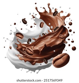 Milk coffee splash  in the middle isolated on background, Vector realistic in 3d illustration. Coffee beans. Realistic 3d seeds