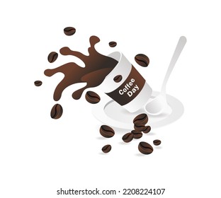 Milk coffee squirting from the glass in isometric flat illustration