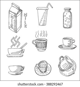 Milk, coffee, tea and beverage icons set sketch drawing, for dairy marketing  restaurant and  cafe design