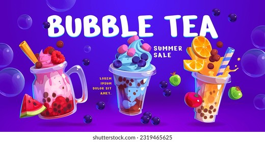 Milk coffee and tea bubble ice drink in cup vector illustration. Milkshake boba, smoothie dessert in glass for cafe menu poster design. Pearl juice with cream and tapioca with slogan for promotions