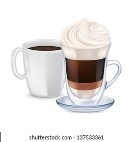 milk coffee with whipped cream and coffee cup isolated