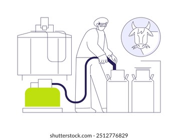 Milchsammlung abstraktes Konzept, Vektorgrafik. Bauer in Schutzausrüstung, die Milch in den Vorratsbehälter pumpt, Lebensmittelindustrie, Milchproduktesammlung, abstrakte Metapher für natürliche Getränke.