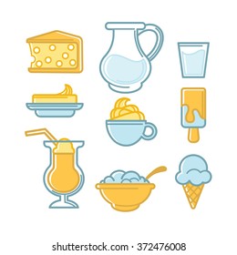 milk collection, dairy produce, vector illustration, set of objects in line art style