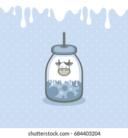 Milk collection. Vector illustration milk bottle with cute cow. Natural product.
