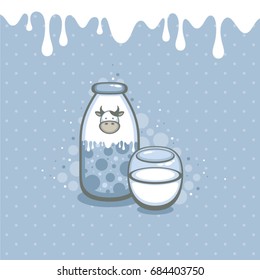 Milk collection. Vector illustration milk bottle with cute cow and cup with fresh milk. Natural product.