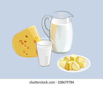 Milk composition with Cheese, Milk, Glass, Milk Jug, Jug, Plate