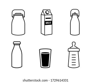 Milk container icon collection. Line icons in black and white color.