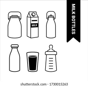 Colección de iconos de contenedor de leche. Iconos de línea en color blanco y negro.