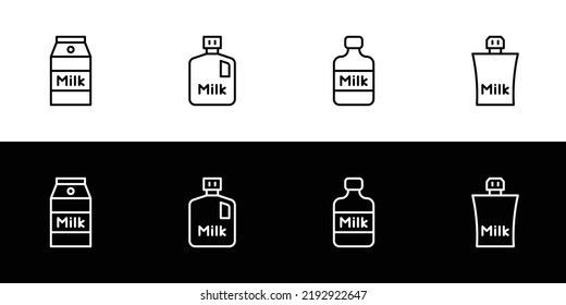 Juego de iconos de contenedor de leche. Colección de iconos de diseño plano aislada en fondo blanco y negro. Botella, caja y doypack o bolsa de pie.