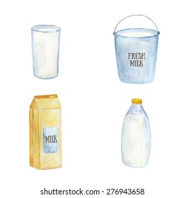 Milk containers set, glass, boltle, bucket, package made in watercolor technique