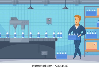 Milk Conveyor Line Cartoon Composition Including Factory Worker With Box Near Shelves With Dairy Bottles Vector Illustration