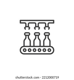 Milk conveyor line icon. linear style sign for mobile concept and web design. Conveyor belt with bottles outline vector icon. Symbol, logo illustration. Vector graphics