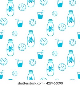 Milk and cookie blue and white seamless vector pattern. Milk bottle, biscuits and glass of milk pattern.