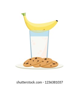 Milk and cookie cartoon vector. banana vector. free space for text.